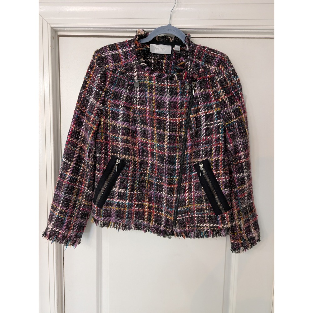 Carlisle New York Multi Color Tweed Moto Jacket Plaid Fringe Trim Size 12 Womens
